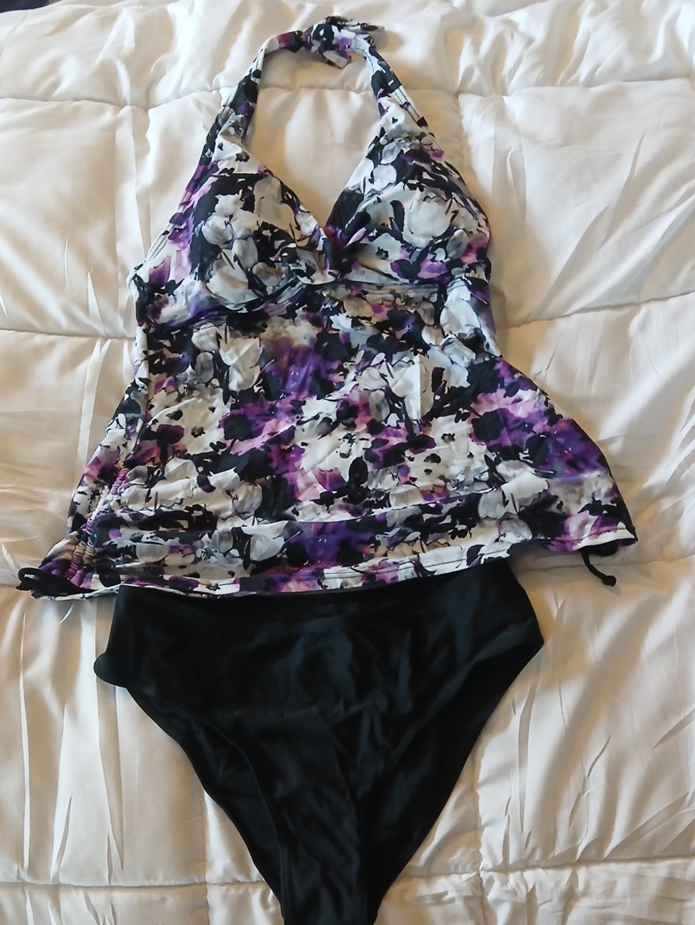 Coastal Rose Purple & Black Floral Tankini Set - Two Piece Swimwear